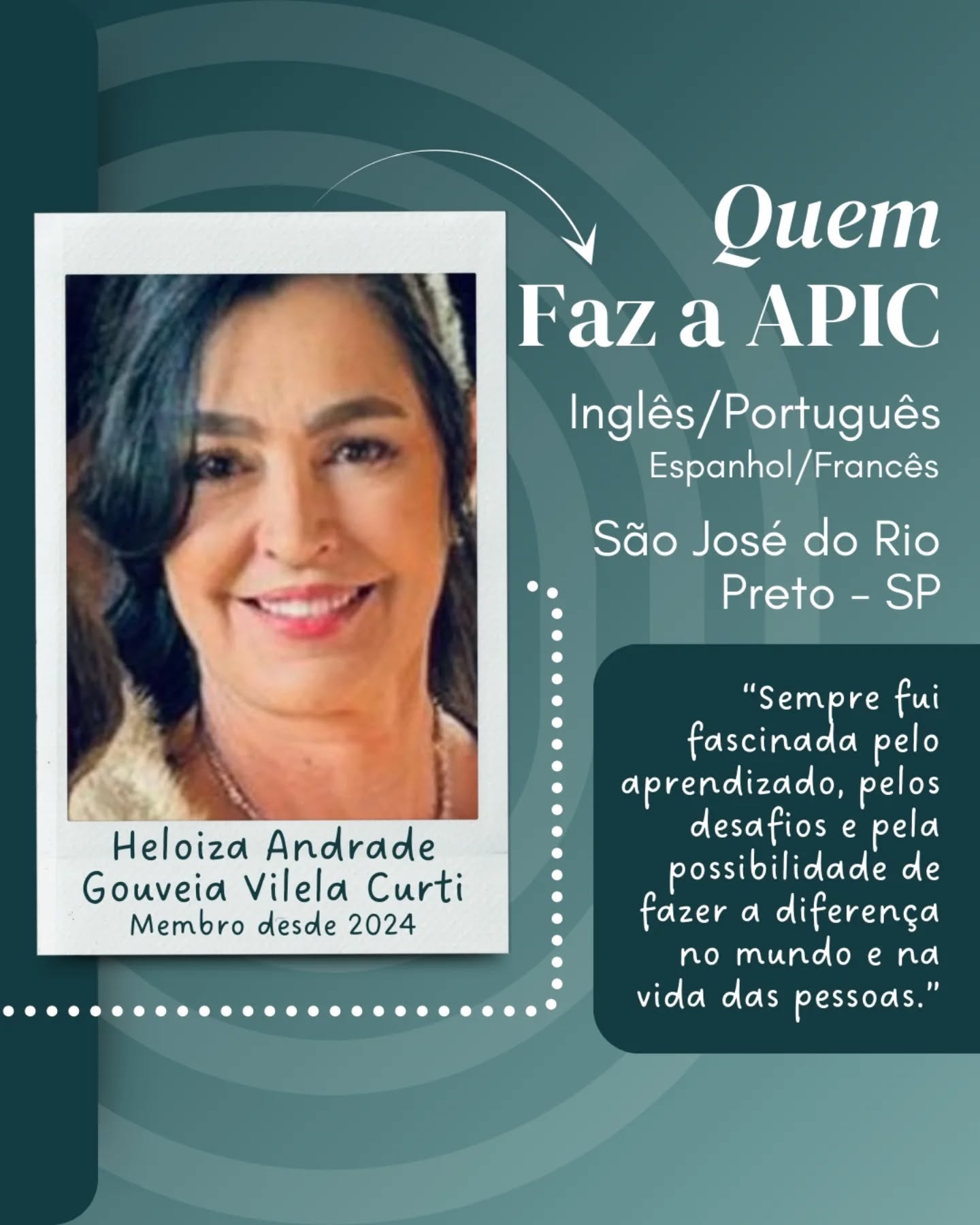 Vamos com mais um “Quem Faz a APIC”! Hoje, para apresentar a intérprete Heloiza Andrade Gouveia Vilela Curti.
Heloiza tem 37 anos de experiência, acumulando um vasto conhecimento em diversas áreas, com destaque para a medicina, cobrindo especialidades como cardiologia, nefrologia, urologia, neurologia, oncologia, dermatologia, cirurgia plástica, endocrinologia, ortopedia, ginecologia e obstetrícia, pediatria, cirurgia geral, alimentação e nutrição. Além da medicina, sua experiência se estende ao agronegócio, área educacional, militar e outras.
Alguns dos momentos memoráveis de sua carreira são o trabalho no Fórum Internacional sobre Procura de Órgãos para Transplantes, realizado em Fortaleza/CE em 1989, no qual acompanhou o Dr. Euryclides de Jesus Zerbini; a participação na Rio+20, que reuniu representantes de 183 países no Rio de Janeiro em 2012; a atuação em "cirurgias ao vivo" em bebês com cardiopatia congênita no Hospital de Base de São José do Rio Preto, em parceria com a Mayo Clinic - Heart Link Association (EUA); e um workshop das Forças Armadas Brasileiras, em parceria com a ONU, sobre o uso de aeronaves remotamente tripuladas em missões de paz, onde foi homenageada com uma medalha.
Para Heloiza, a melhor parte de ser intérprete é o privilégio de aprender constantemente, enfrentar desafios e fazer a diferença no mundo e na vida das pessoas. Ser o elo que facilita a comunicação entre indivíduos é o que a motiva, trazendo uma realização indescritível.
#Intérpretes #Intérprete #APIC #QuemFazAAPIC