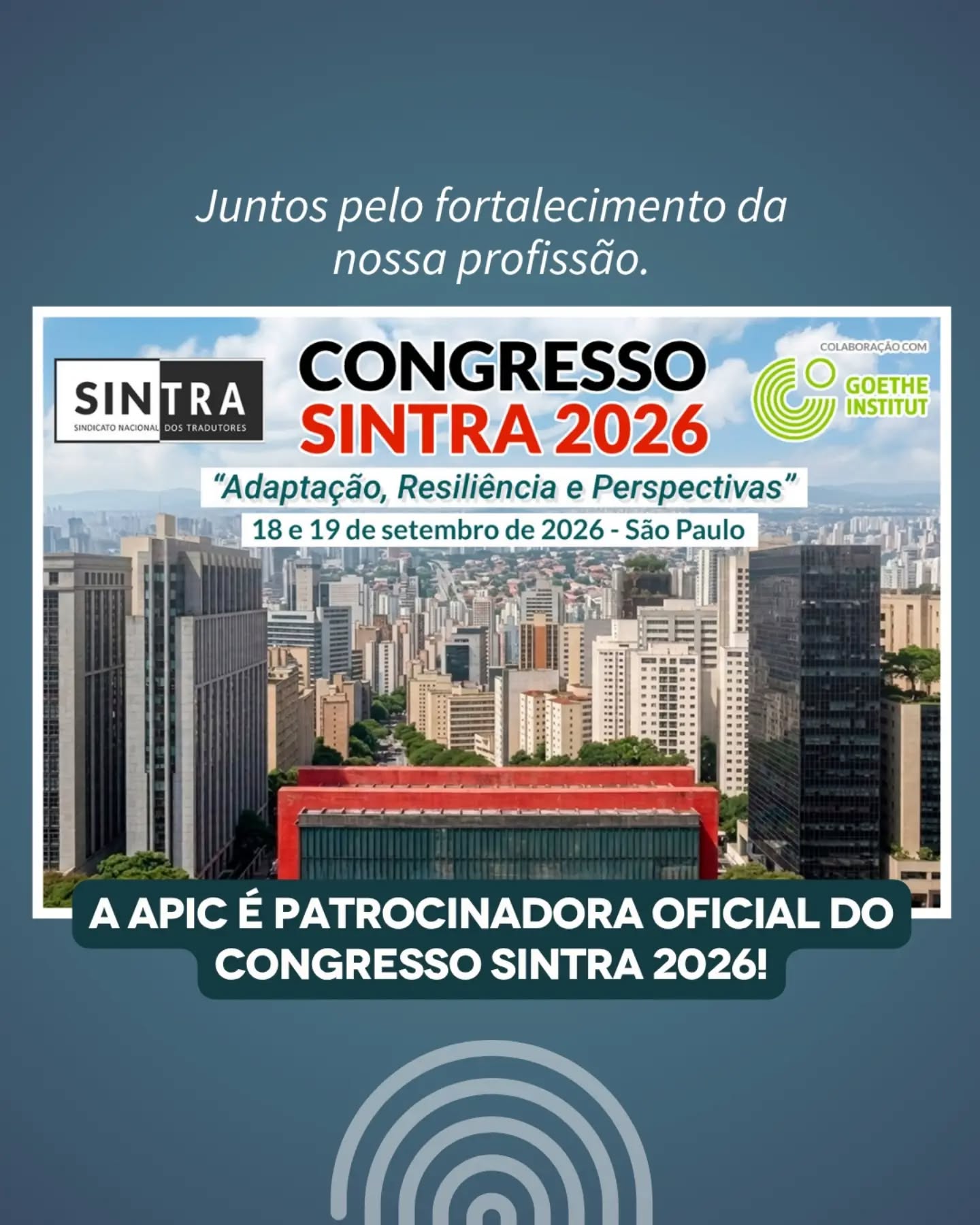 O fortalecimento do mercado de tradução e interpretação no Brasil se constrói com união, troca de conhecimento e apoio mútuo entre as entidades do setor.

É por isso que a APIC tem o orgulho de apoiar como patrocinadora o Congresso SINTRA 2026, um dos encontros mais relevantes para tradutores e intérpretes de todo o país! 🌐

Serão dias intensos de aprendizado, debates sobre o futuro da profissão, inteligência artificial, novas práticas de mercado e muito networking entre colegas.

🗓️ Quando: 18 e 19 de setembro de 2026

📍 Onde: Formato presencial e com transmissão online

Inscrições e programação completa: acesse o site oficial do evento: https://sintra.org.br/congresso2026.php

#Sintra2026 #tradutor #Intérprete #APIC
