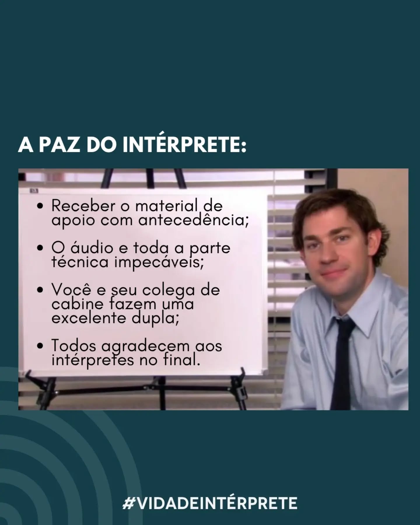 Quando o material chega a tempo para o estudo, o áudio da mesa não estoura, a sintonia com a dupla é total e o palestrante ainda lembra de mandar aquele "agradecimento especial aos intérpretes" no encerramento... aí não é só trabalho, é um dia de pura paz!
Quem mais aí suspira só de imaginar essa cena perfeita? Conta pra gente nos comentários qual dessas 4 coisas te traz mais paz na rotina! 👇🎙️
#VidaDeIntérprete #MemeInterpreter